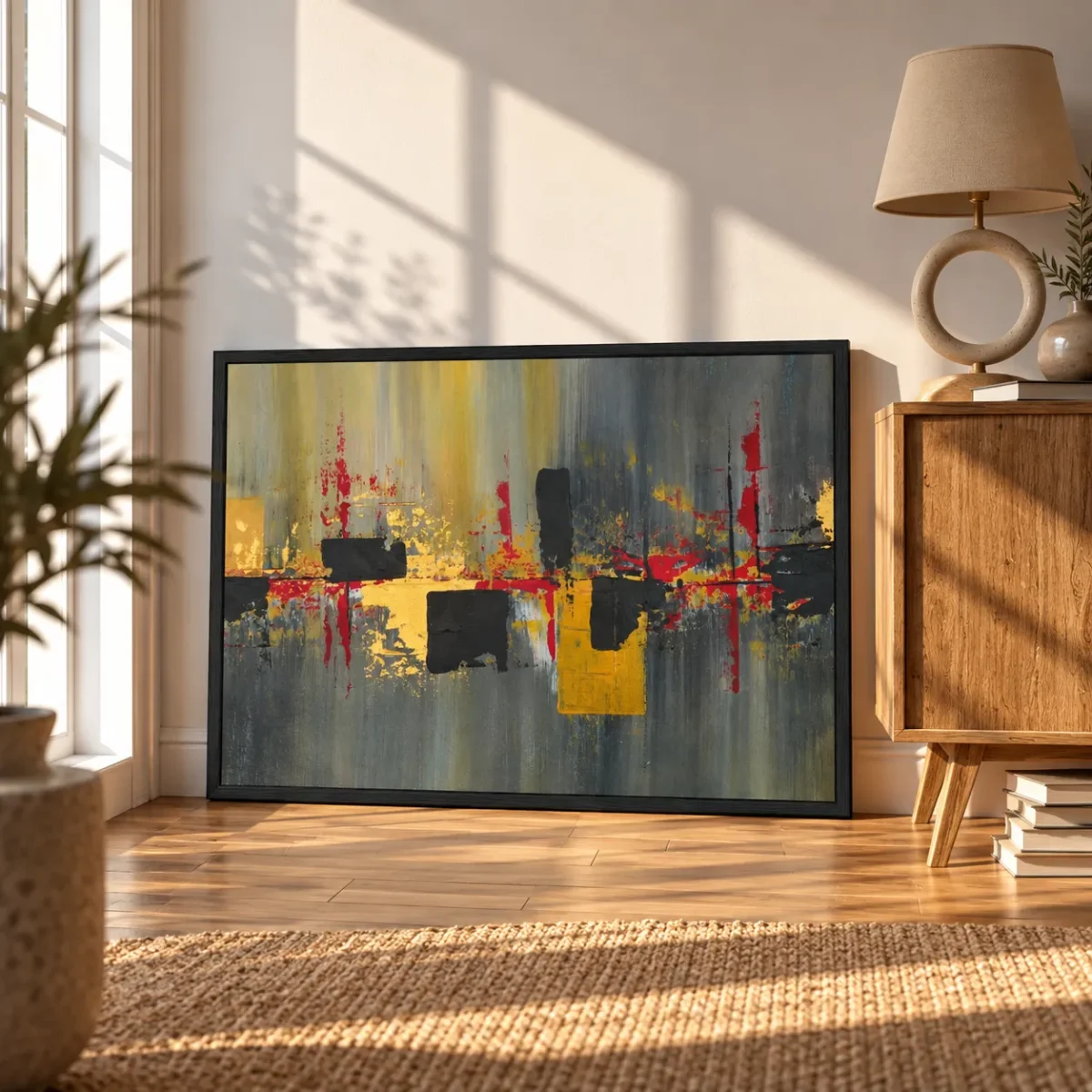 Obsidian Resonance — Oxblood Gold Abstract Wall Art Framed Print