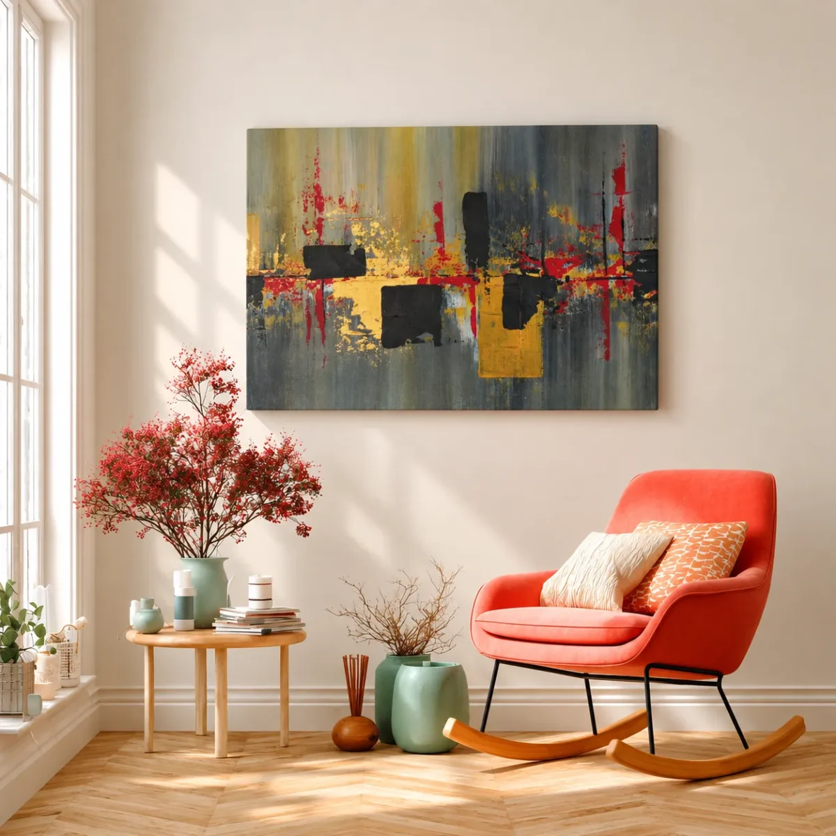 Obsidian Resonance — Oxblood Gold Abstract Wall Art Canvas for Modern Interiors