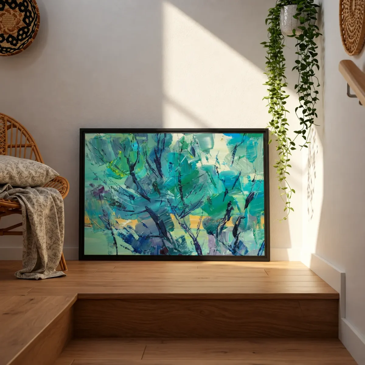 Cerulean Thicket – Teal Abstract Framed Canvas Wall Art, Modern Textured Decor