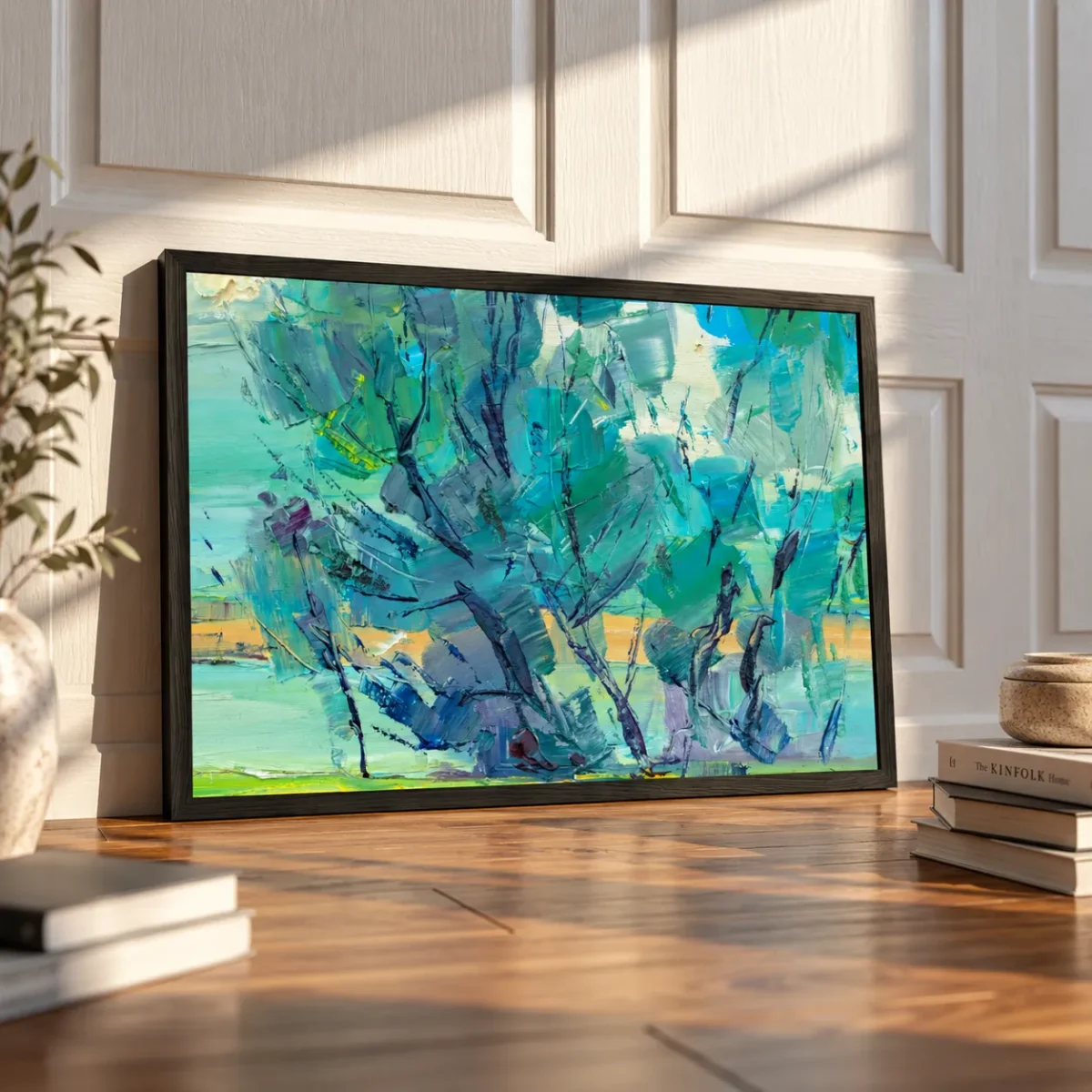 110 (2) Cerulean Thicket – Teal Abstract Framed Art Print, Textured Modern Wall Decor