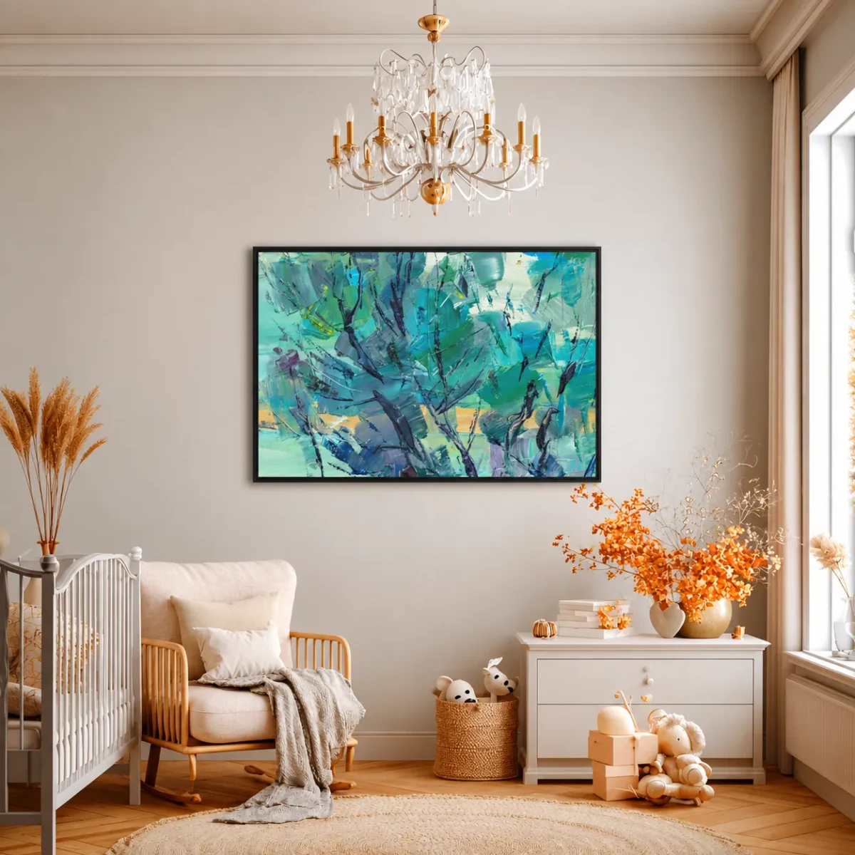 Cerulean Thicket – Teal Abstract Framed Canvas Wall Art, Modern Textured Decor