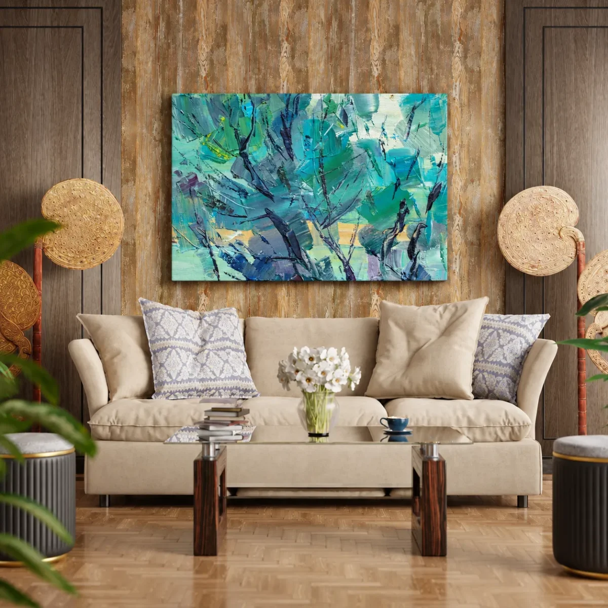 Cerulean Thicket – Teal Abstract Canvas Wall Art, Textured Modern Decor