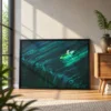 Emerald Wake Boat Framed Canvas Wall Art – Teal Water Landscape for Modern Interiors