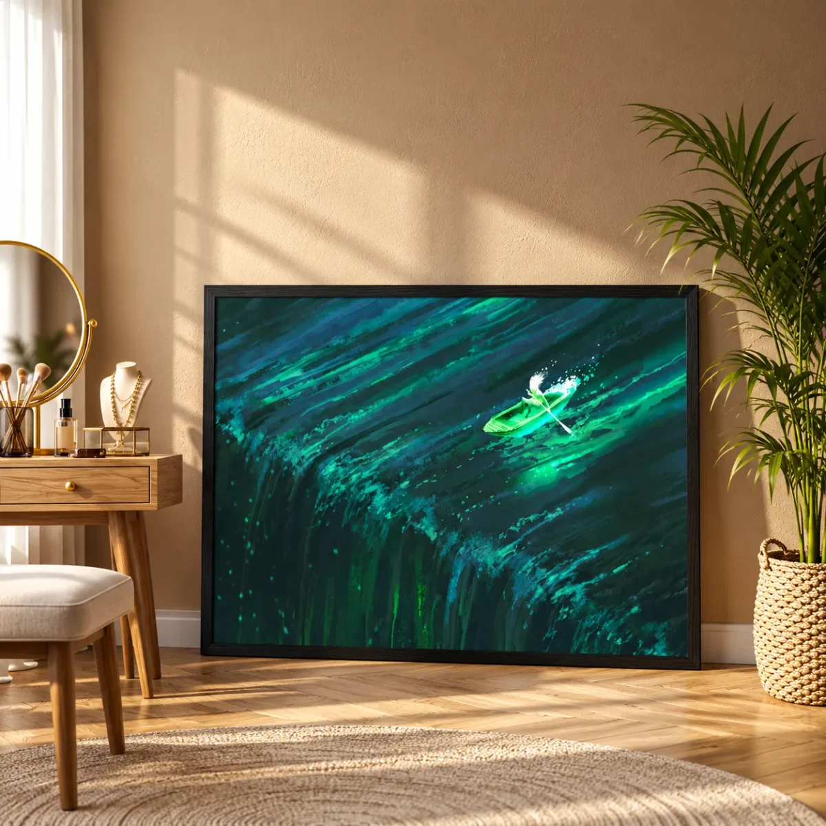 Emerald Wake Boat Framed Print – Teal Water Landscape Wall Decor for Modern Homes