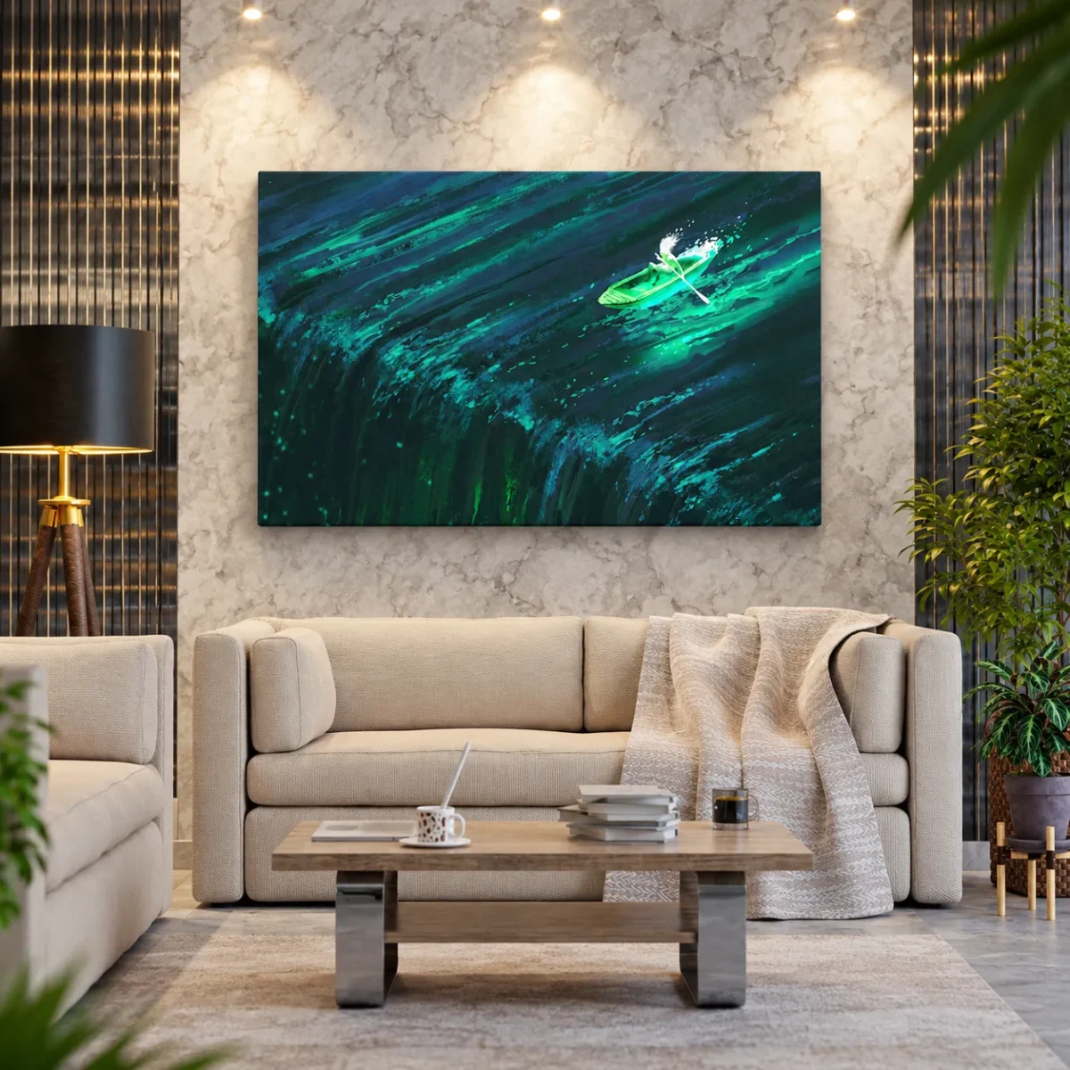 Emerald Wake Boat Canvas Wall Art – Teal Water Abstract Landscape for Modern Interiors