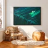 Emerald Wake Boat Framed Canvas Wall Art – Teal Water Landscape for Modern Interiors