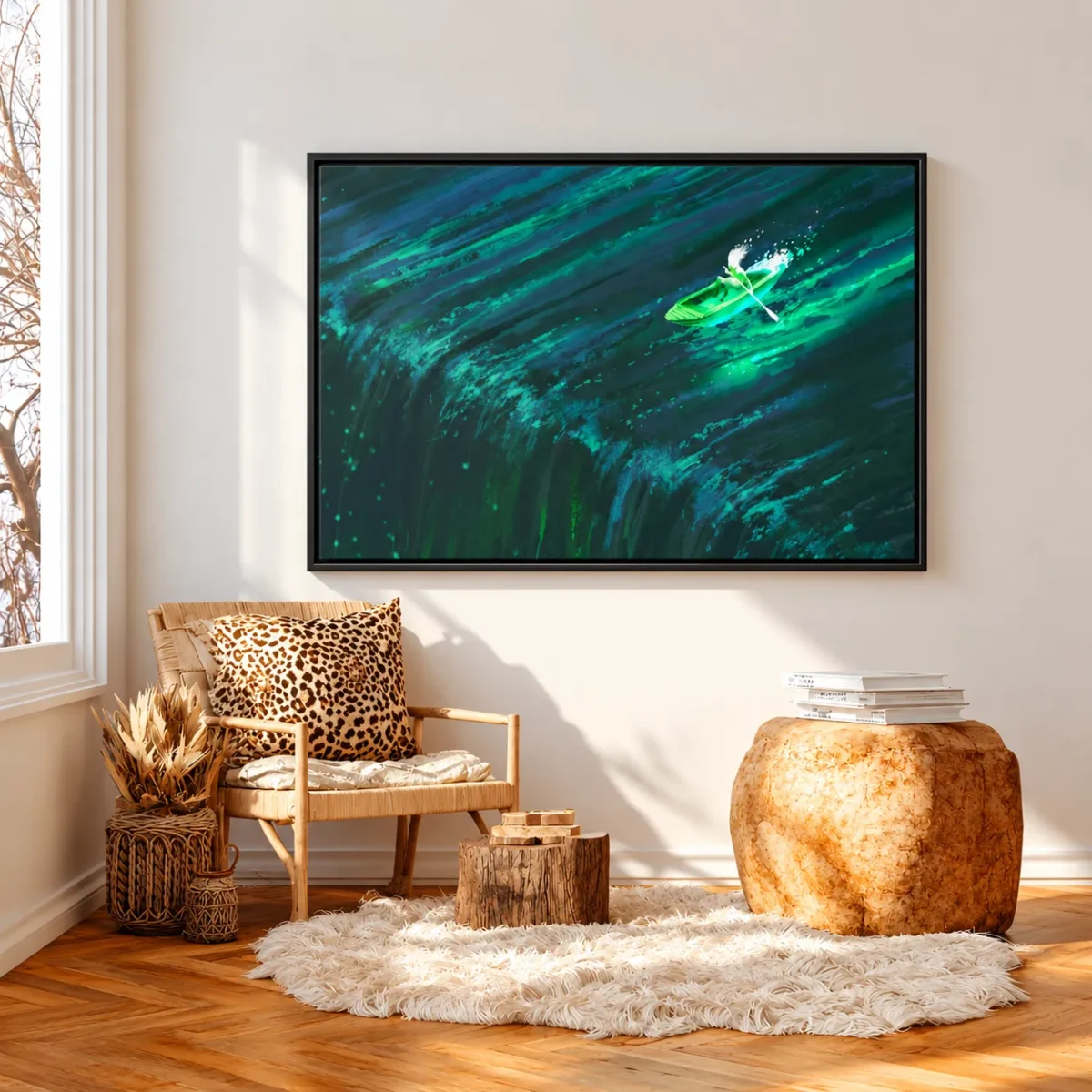Emerald Wake Boat Framed Canvas Wall Art – Teal Water Landscape for Modern Interiors