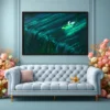 Emerald Wake Boat Framed Print – Teal Water Landscape Wall Decor for Modern Homes