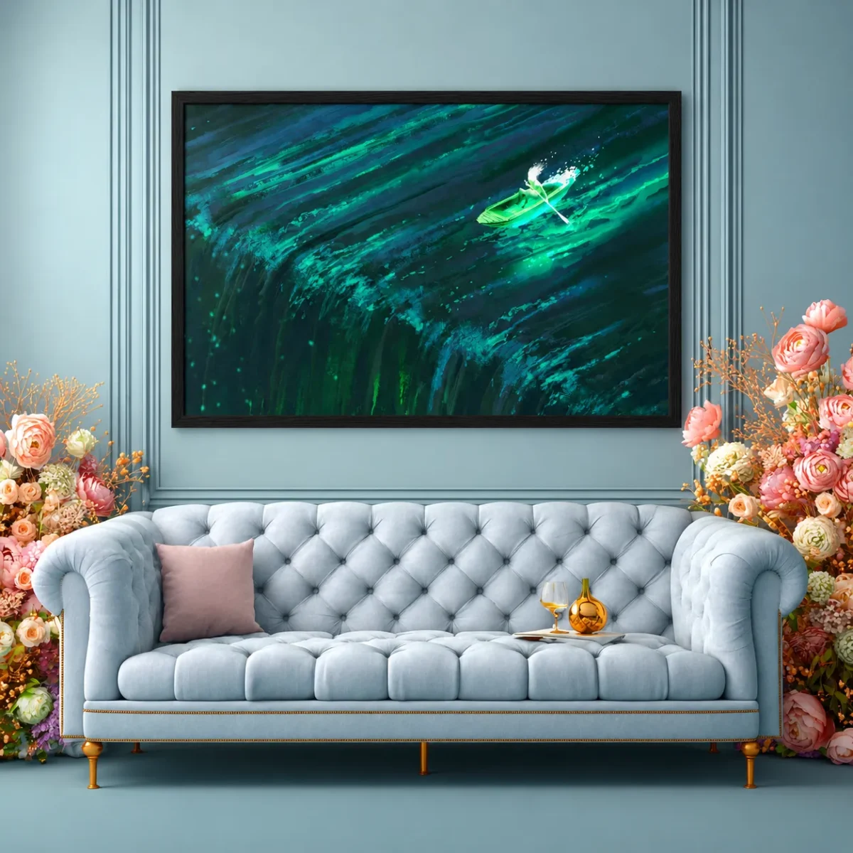 Emerald Wake Boat Framed Print – Teal Water Landscape Wall Decor for Modern Homes