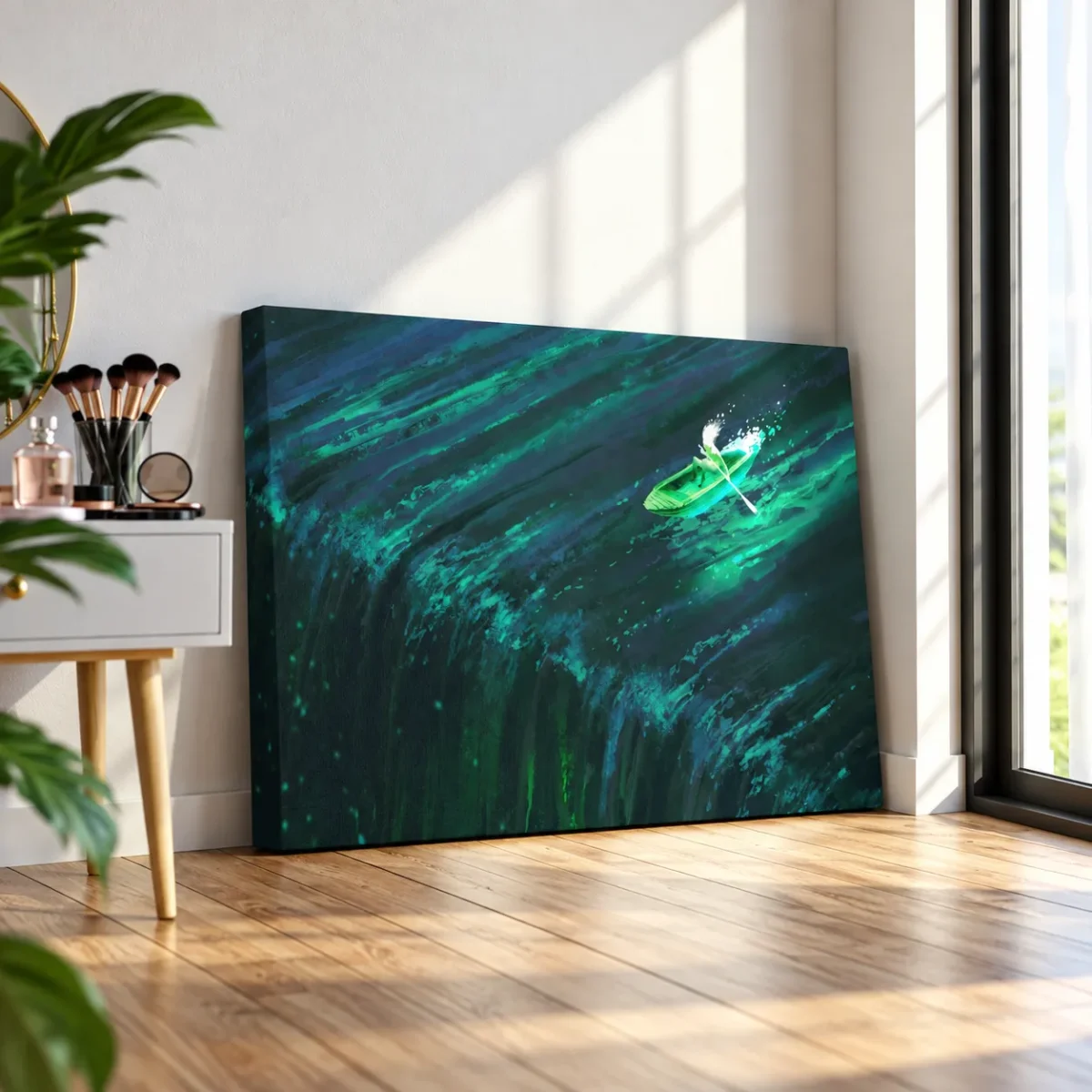 Emerald Wake Boat Canvas Wall Art – Teal Water Abstract Landscape for Modern Interiors