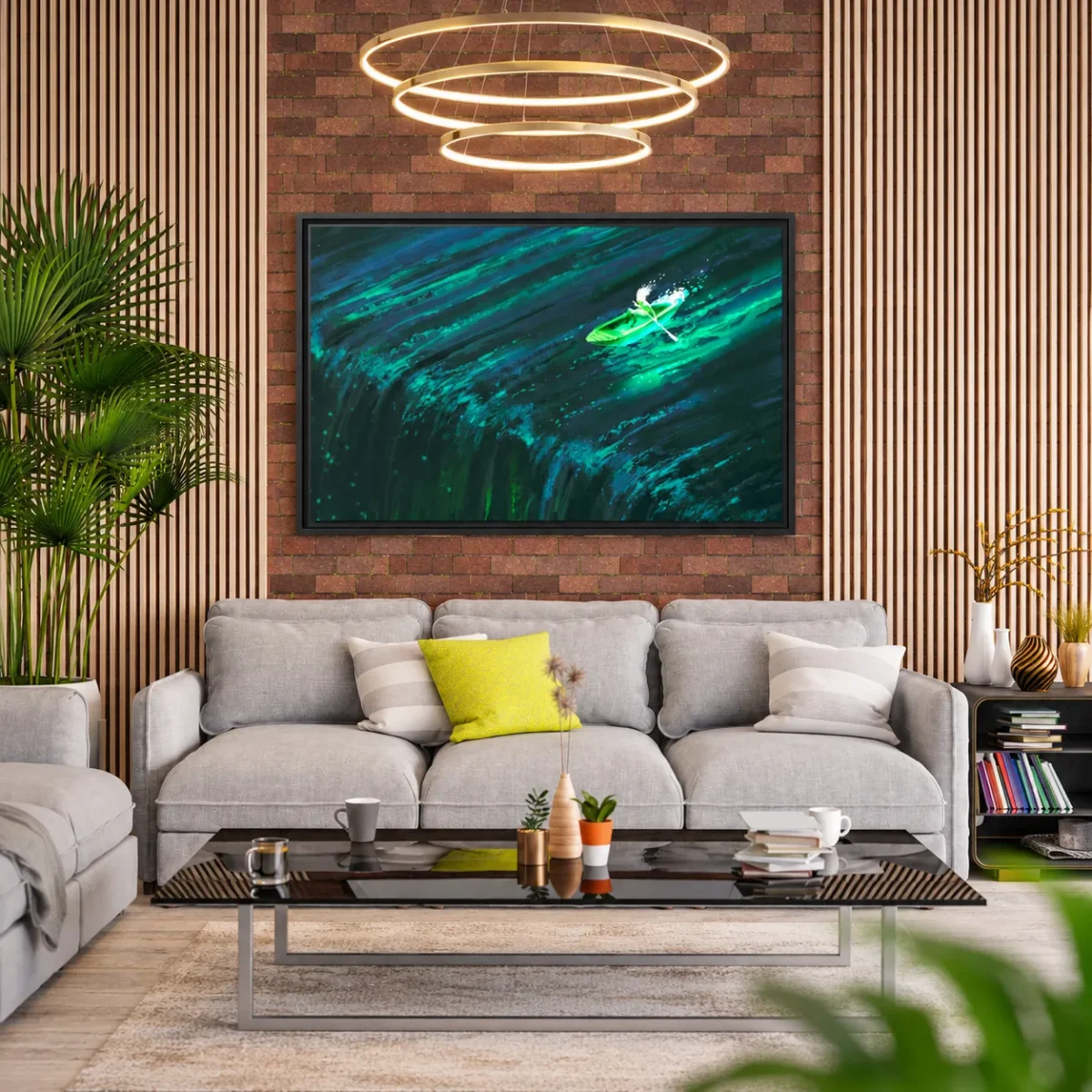 Emerald Wake Boat Framed Canvas Wall Art – Teal Water Landscape for Modern Interiors