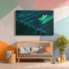 Emerald Wake Boat Canvas Wall Art – Teal Water Abstract Landscape for Modern Interiors