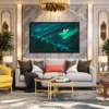 Emerald Wake Boat Framed Print – Teal Water Landscape Wall Decor for Modern Homes