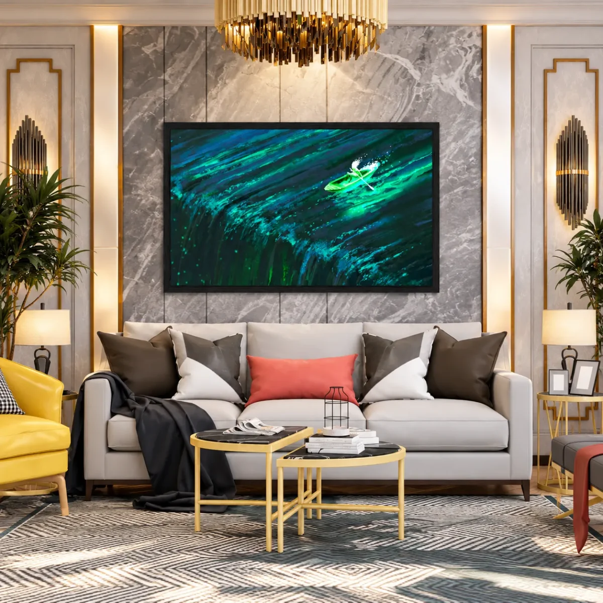 Emerald Wake Boat Framed Print – Teal Water Landscape Wall Decor for Modern Homes