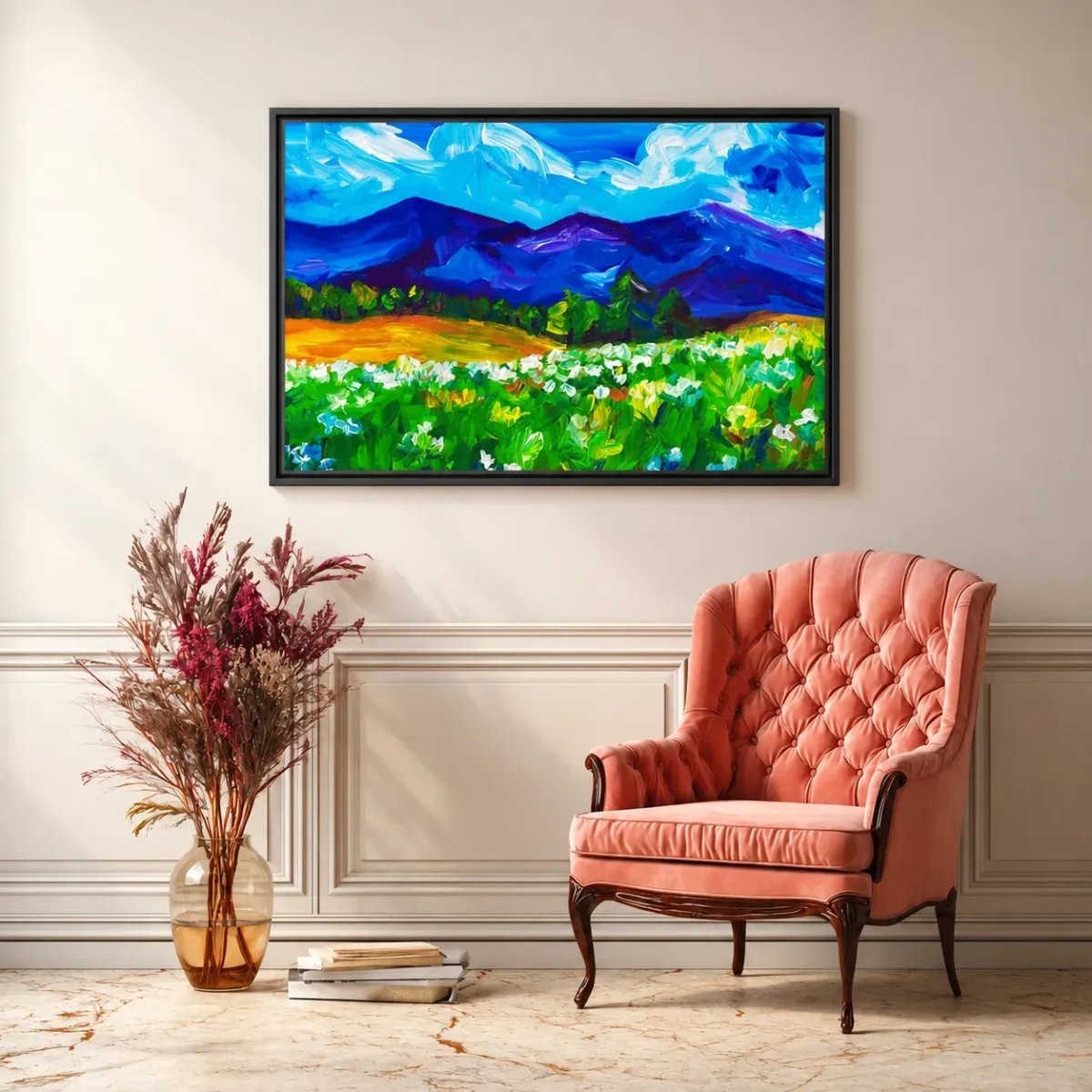 Sapphire Mountain Meadow Wall Art – Vivid Alpine Landscape Framed Canvas Decor