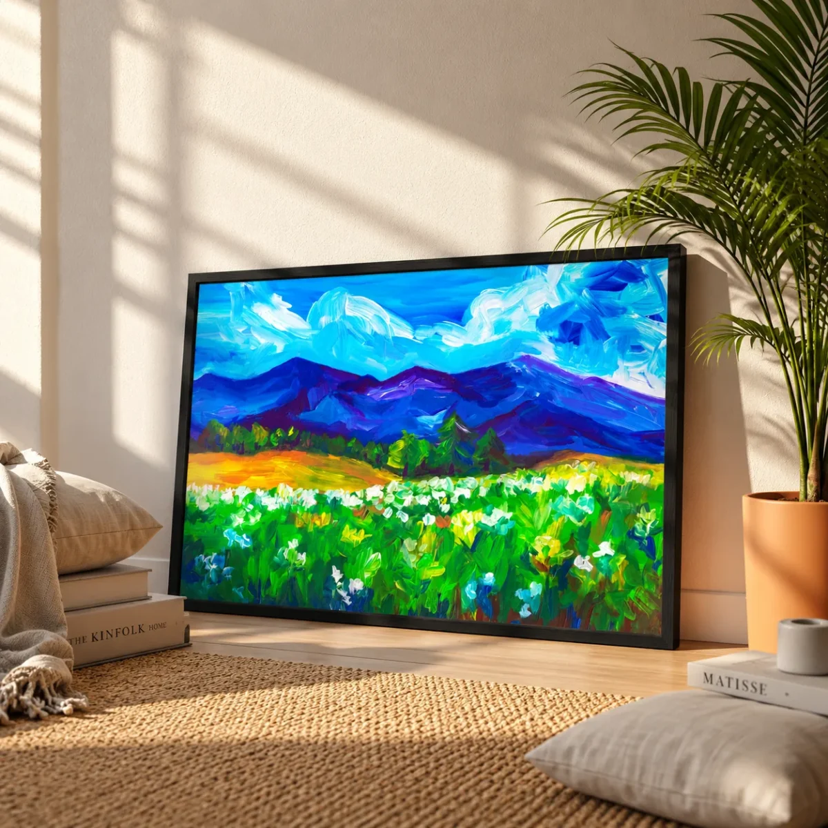 Sapphire Mountain Meadow Wall Art – Alpine Landscape Framed Print Statement Decor