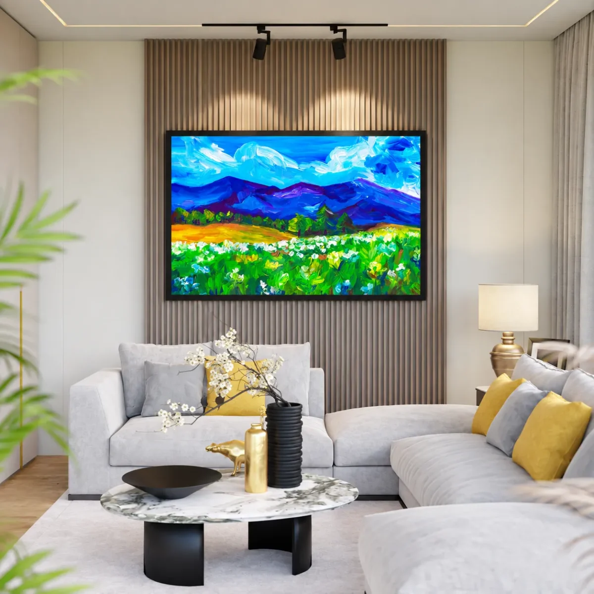 Sapphire Mountain Meadow Wall Art – Alpine Landscape Framed Print Statement Decor
