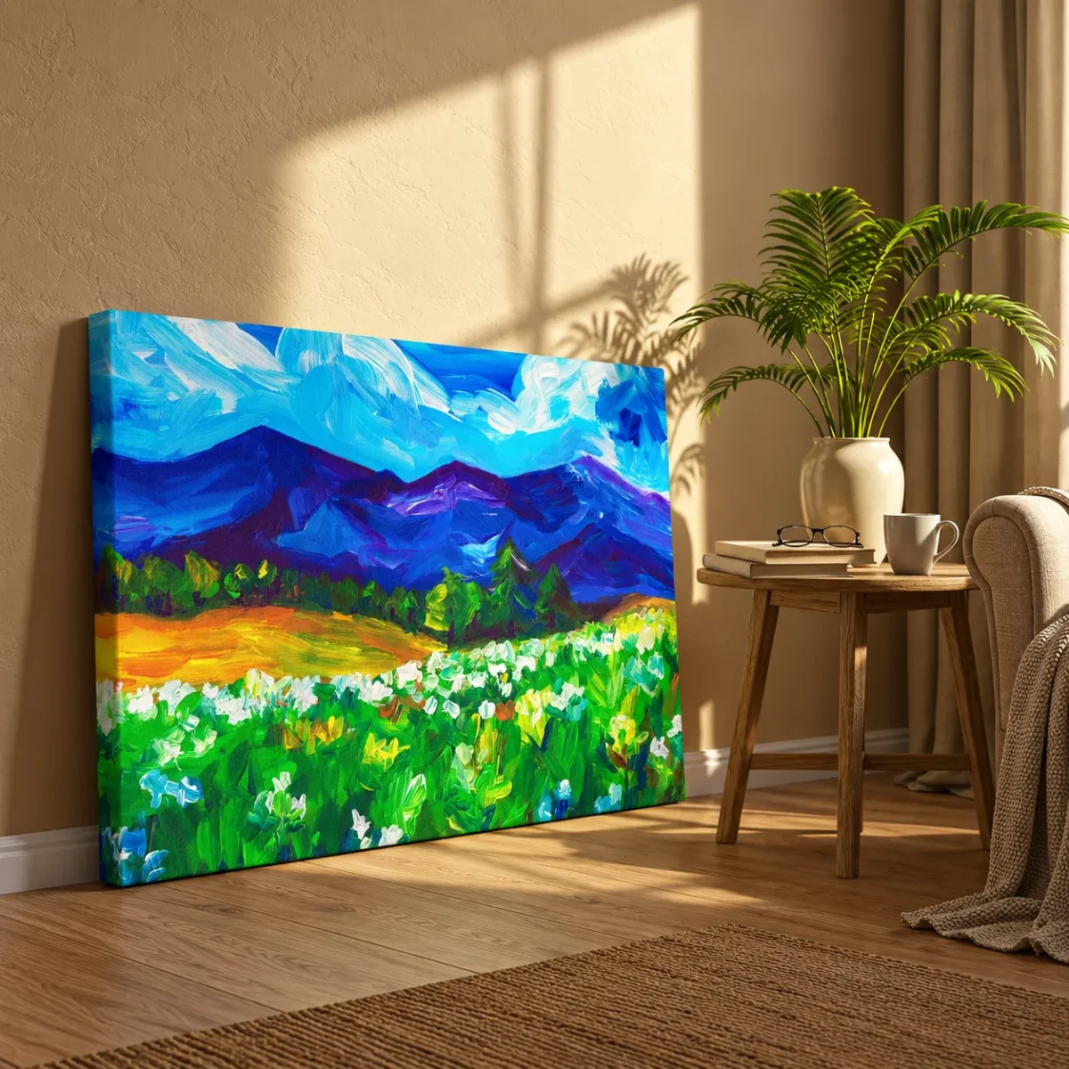 Sapphire Mountain Meadow Wall Art – Expressive Alpine Landscape Matte Canvas Decor