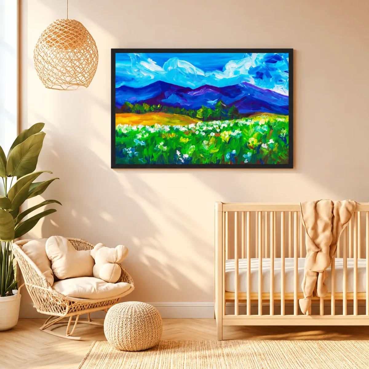 Sapphire Mountain Meadow Wall Art – Alpine Landscape Framed Print Statement Decor