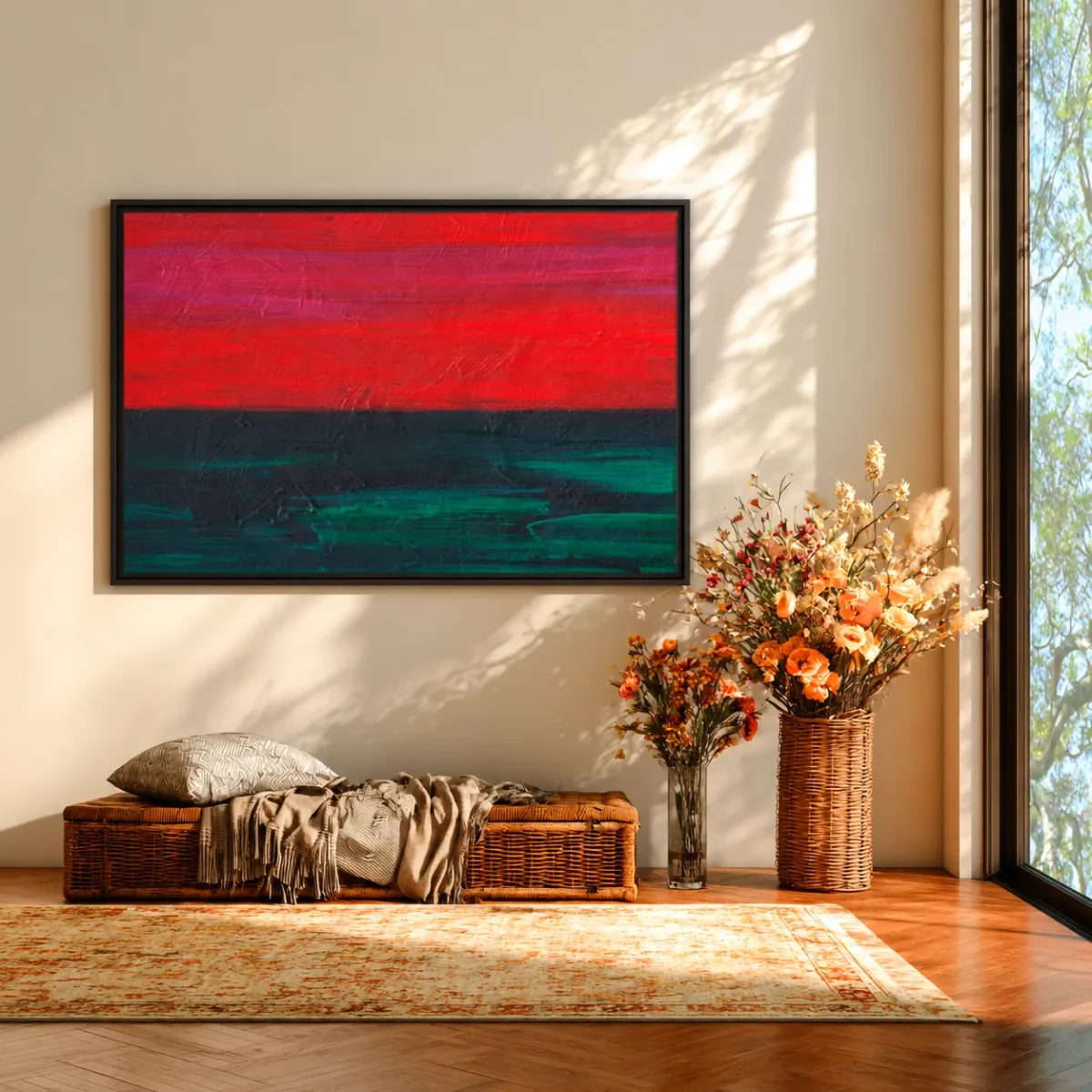 Emberveil Red Black Green Abstract Wall Art – Textured Modern Framed Canvas