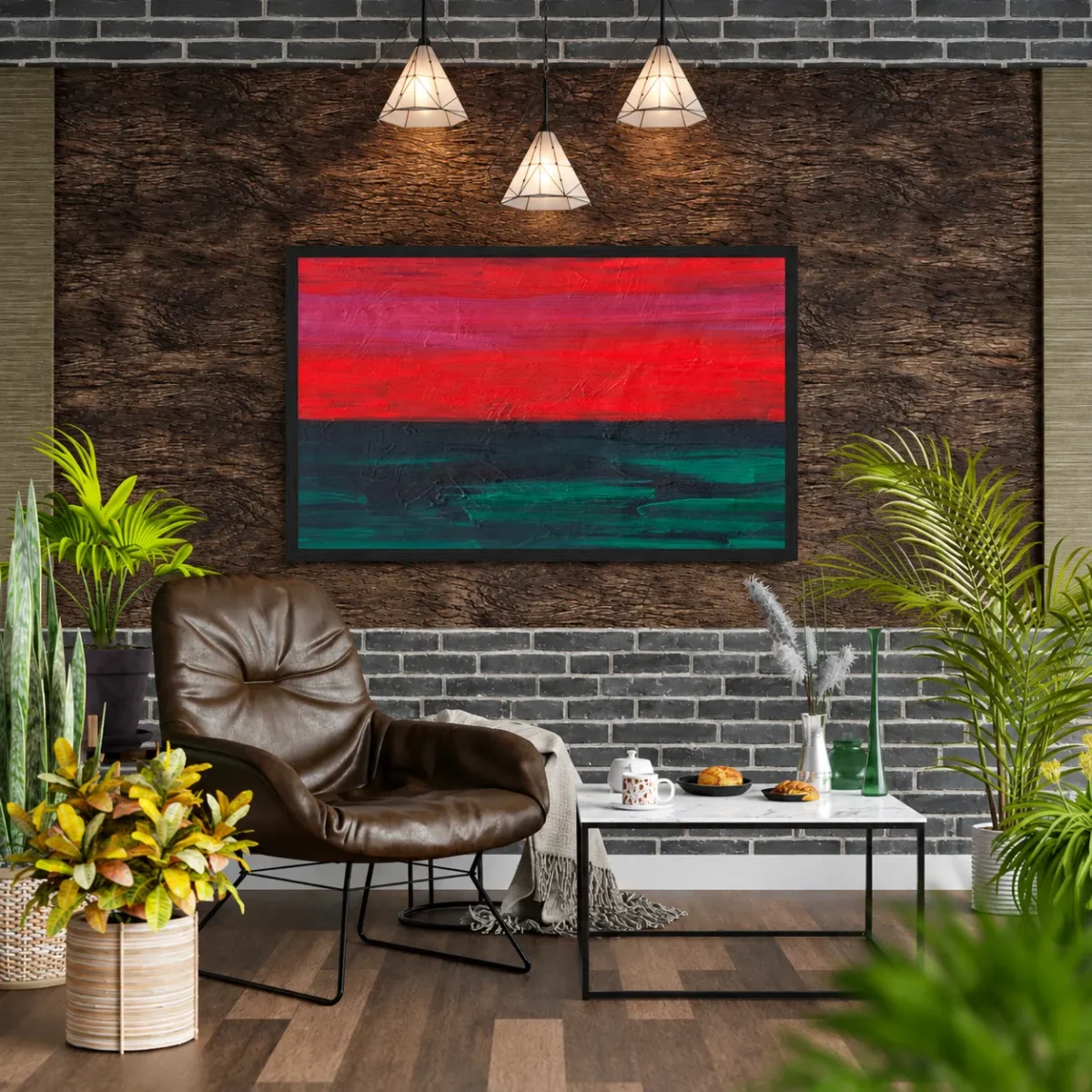 Emberveil Red Black Green Abstract Wall Art – Modern Textured Framed Print