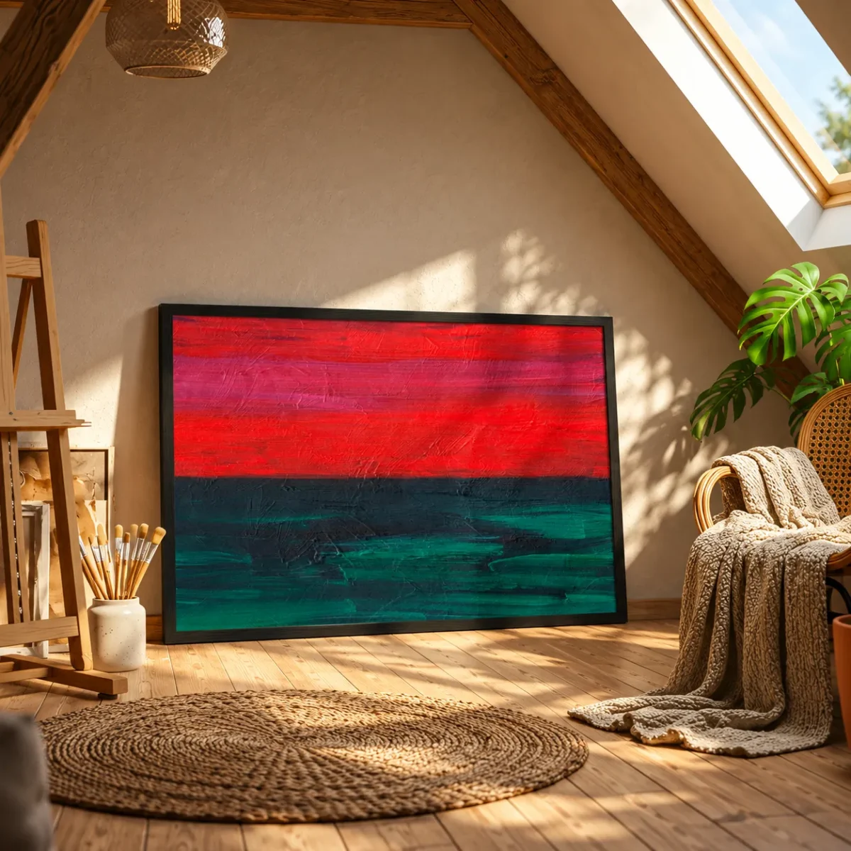 Emberveil Red Black Green Abstract Wall Art – Modern Textured Framed Print