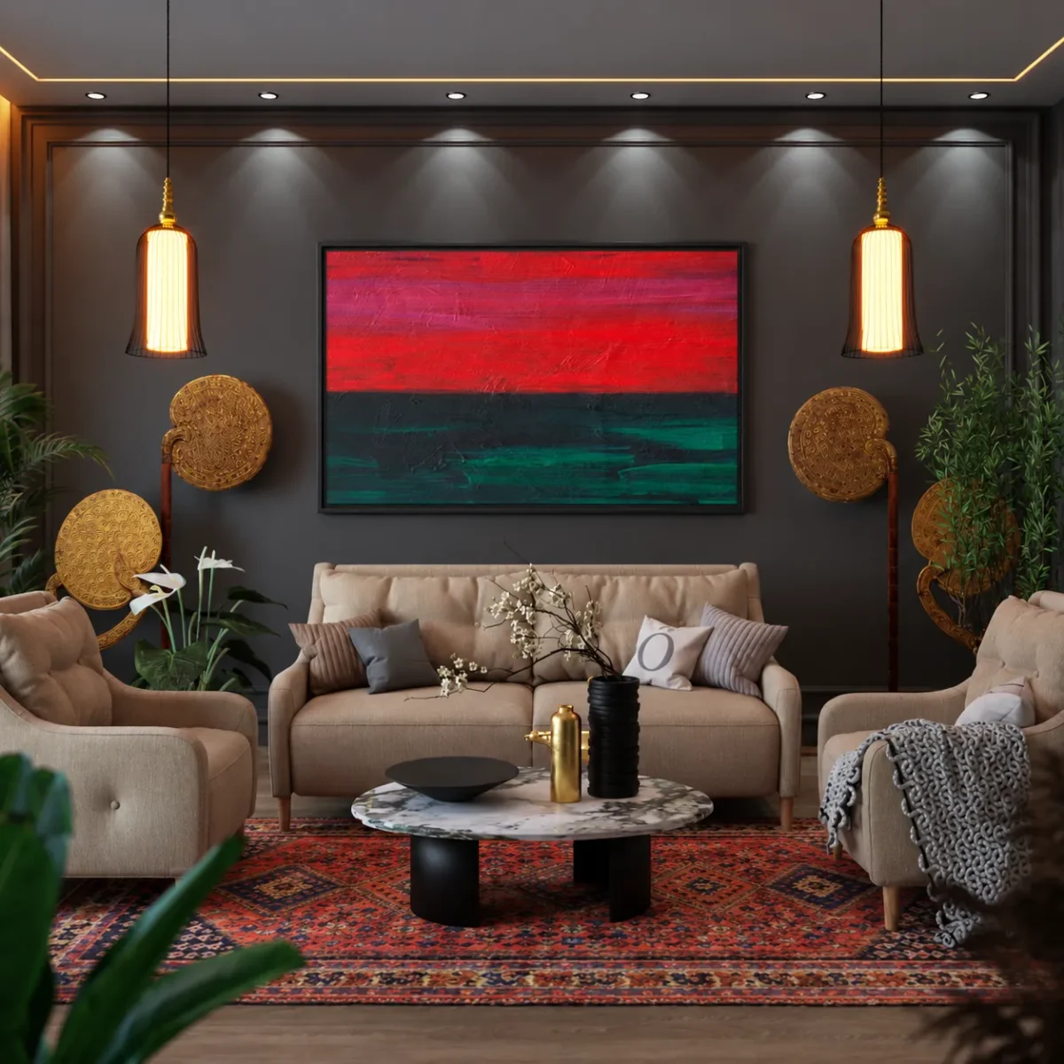 Emberveil Red Black Green Abstract Wall Art – Textured Modern Framed Canvas