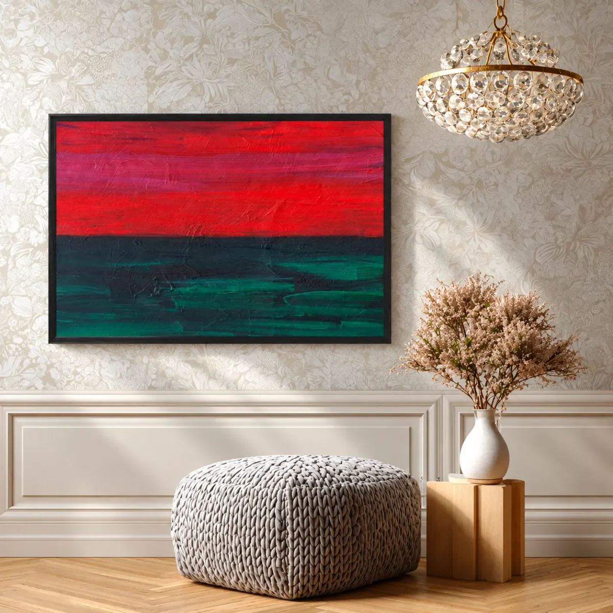Emberveil Red Black Green Abstract Wall Art – Modern Textured Framed Print