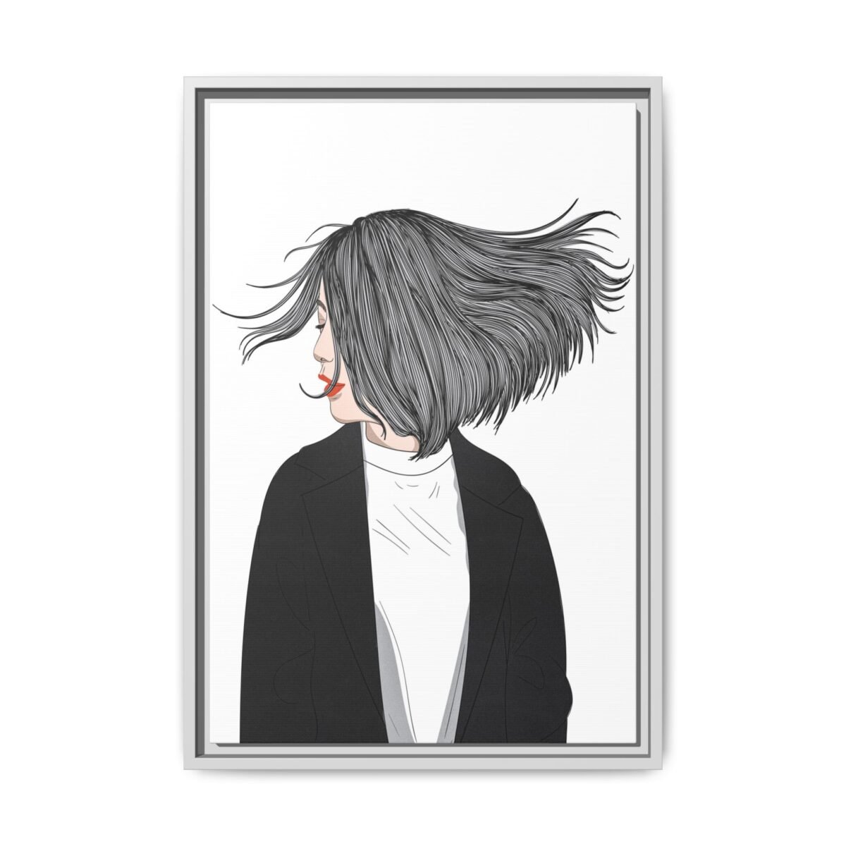 Velvet Gale – Windswept Woman Framed Canvas Wall Art for Modern Interiors