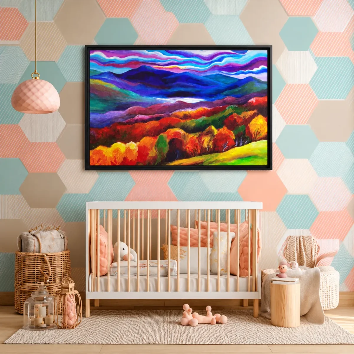 Prismatic Highland Reverie – Vibrant Mountain Landscape Framed Canvas Wall Art