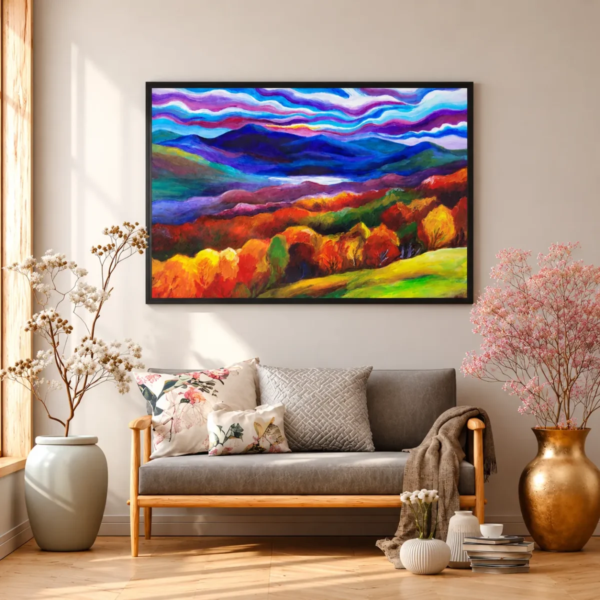 Prismatic Highland Reverie – Vibrant Mountain Landscape Framed Print Wall Artr