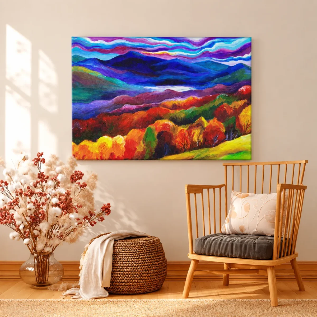 Prismatic Highland Reverie – Vibrant Mountain Landscape Canvas Wall Art