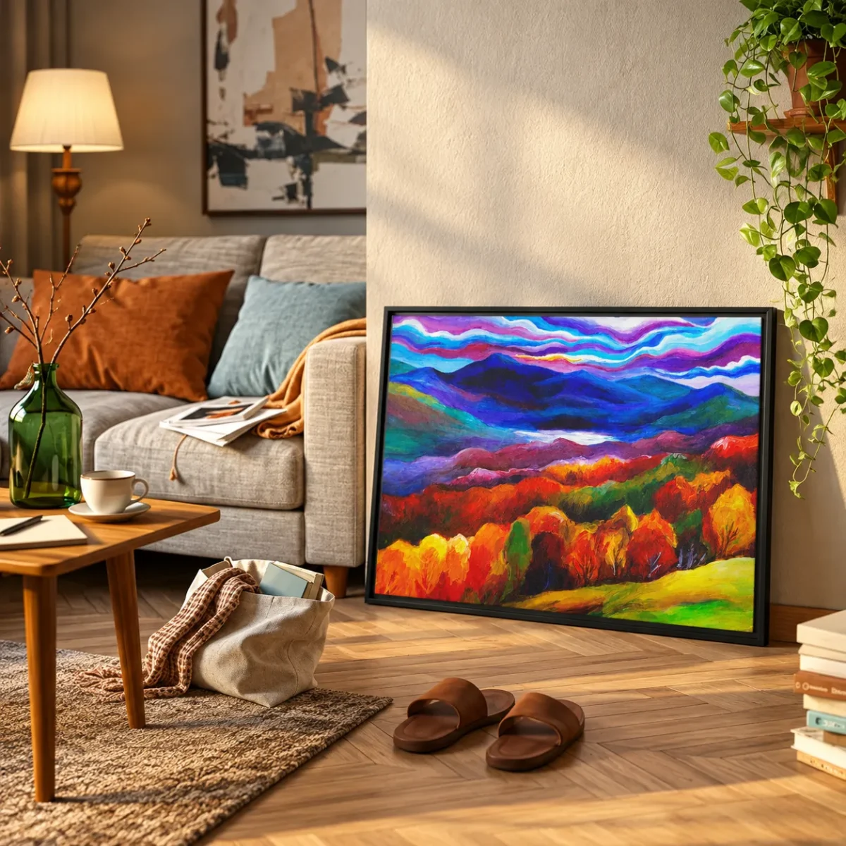 Prismatic Highland Reverie – Vibrant Mountain Landscape Framed Canvas Wall Art
