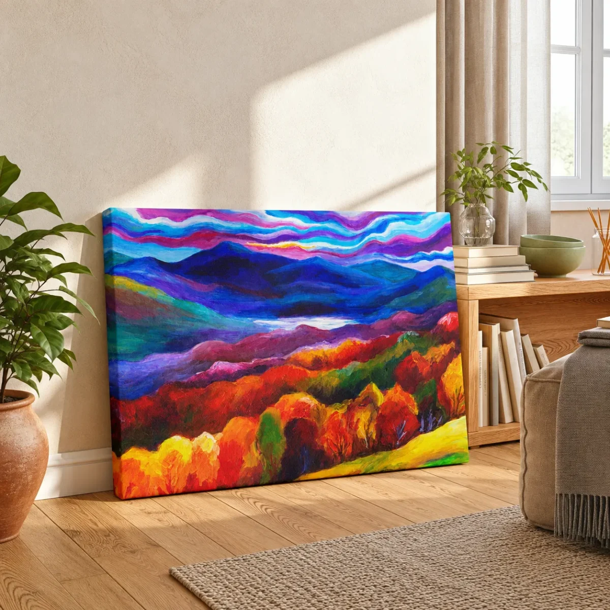 Prismatic Highland Reverie – Vibrant Mountain Landscape Canvas Wall Art