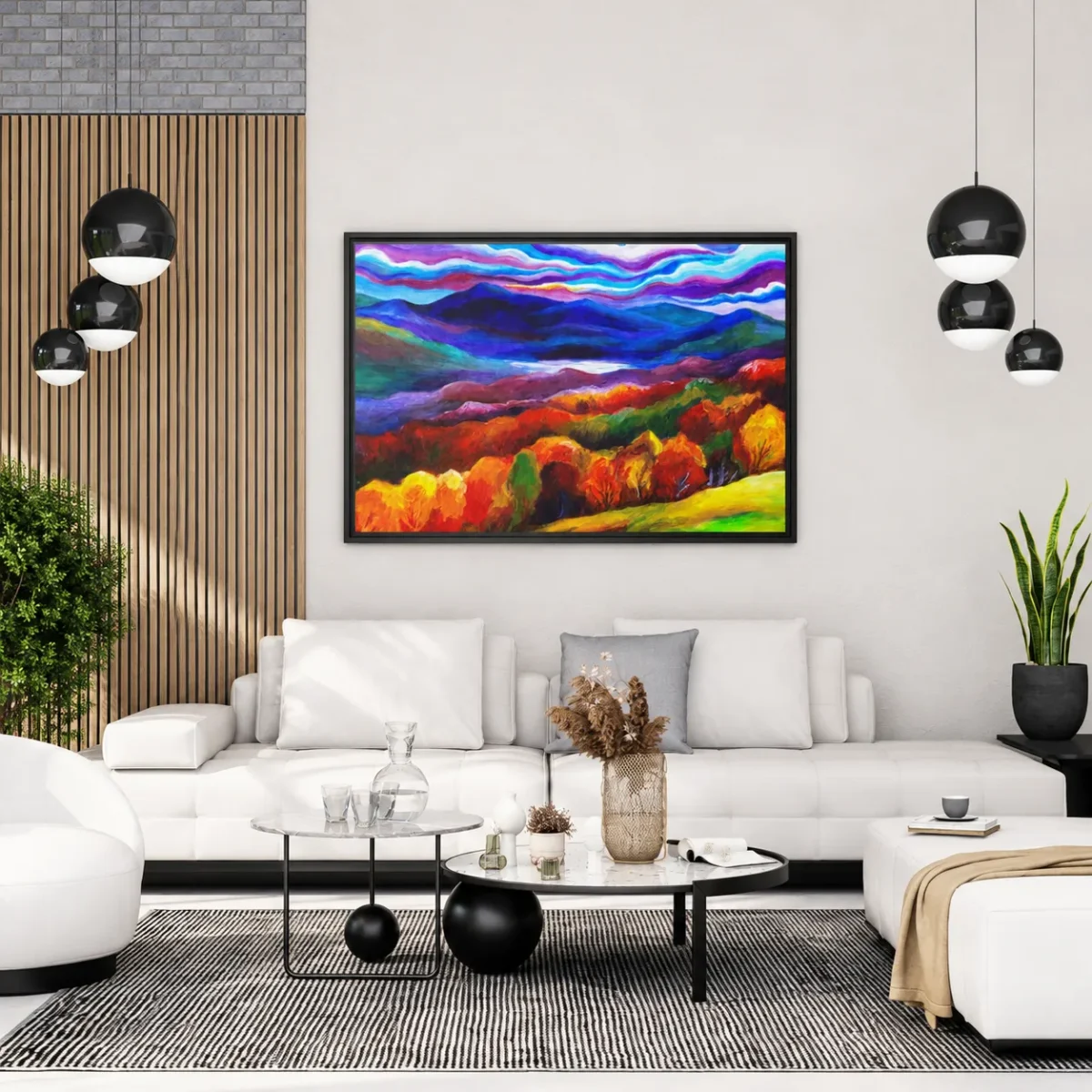 Prismatic Highland Reverie – Vibrant Mountain Landscape Framed Canvas Wall Art