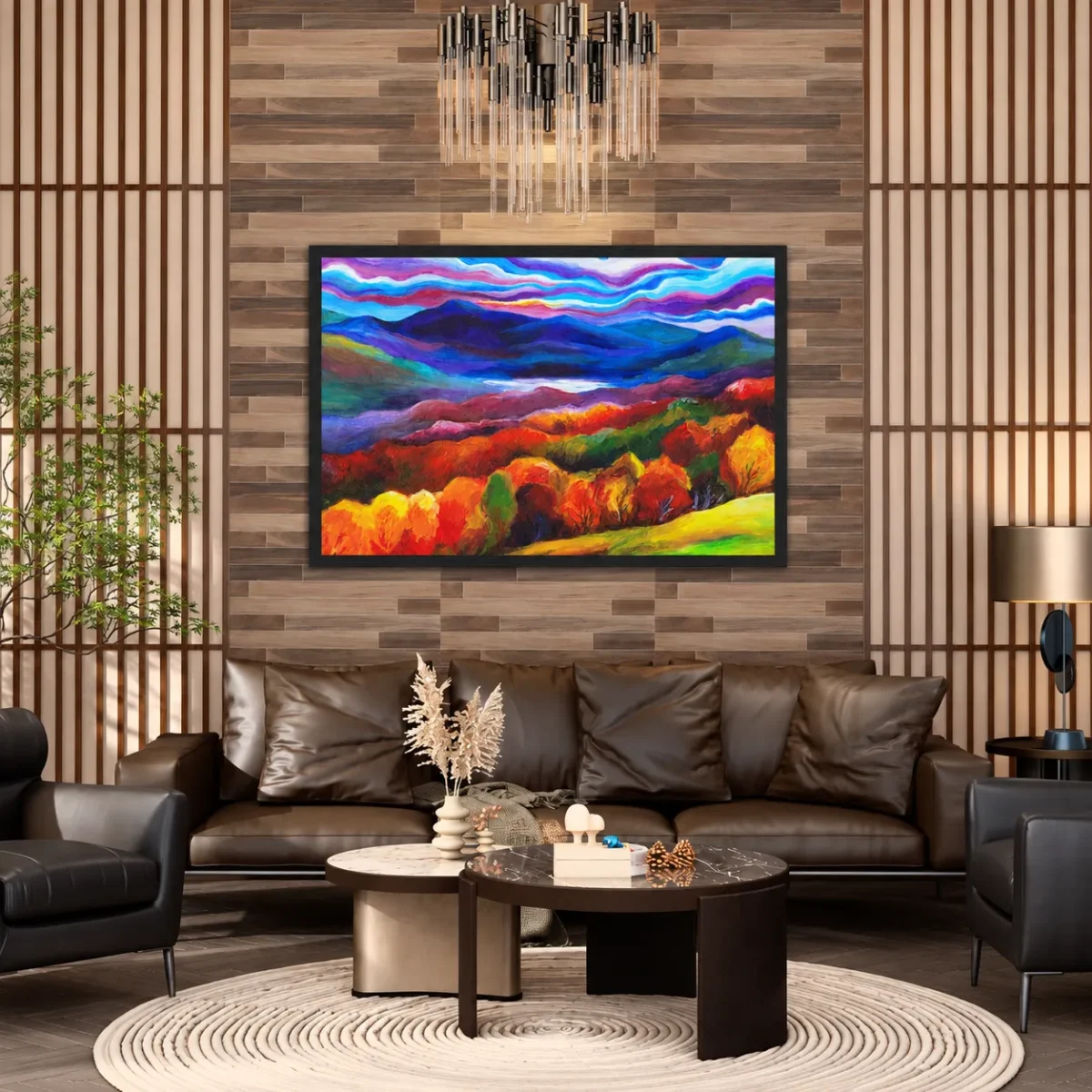 Prismatic Highland Reverie – Vibrant Mountain Landscape Framed Print Wall Artr