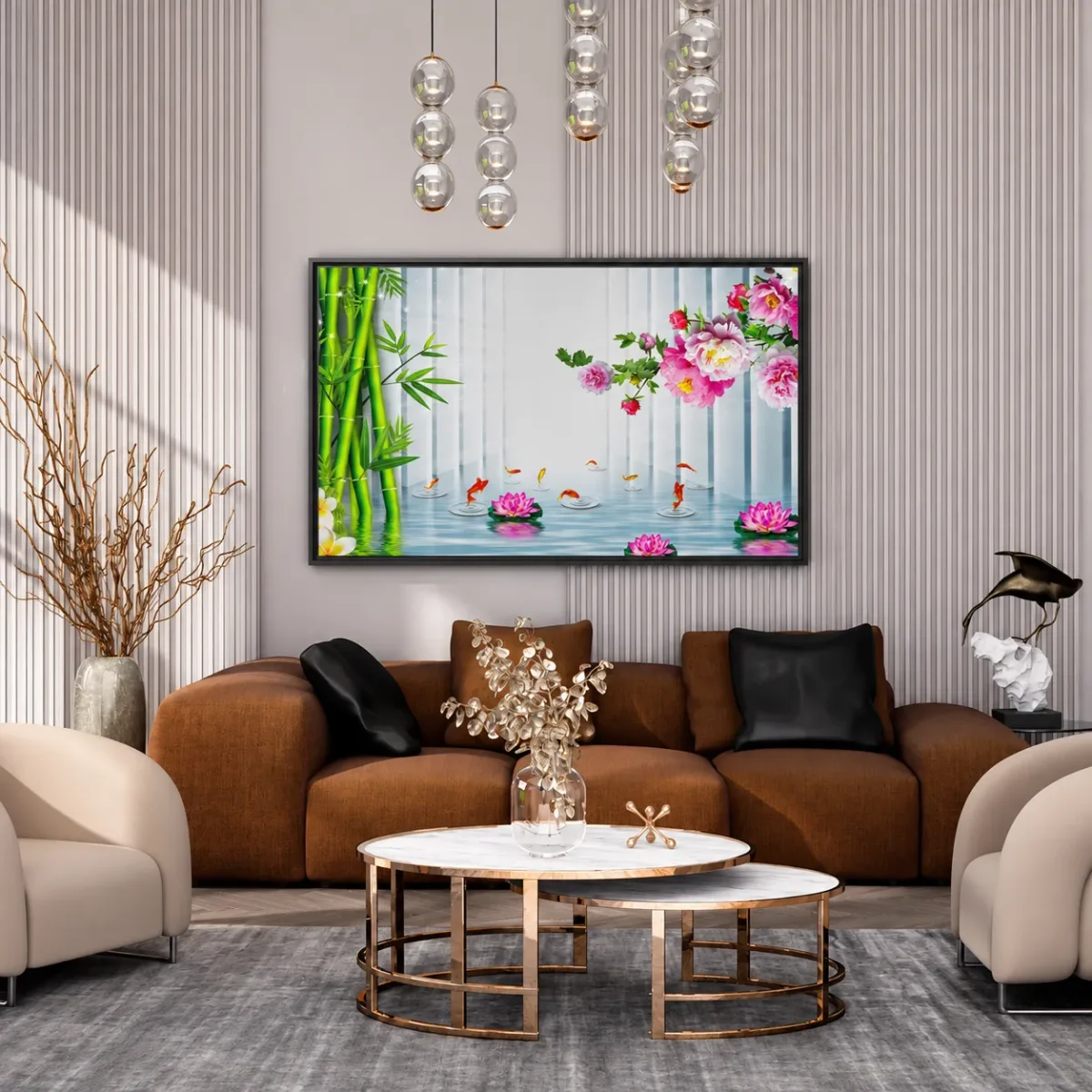 Bamboo Lotus Reverie – Koi Pond Wall Art Framed Canvas, Japanese Garden Decor