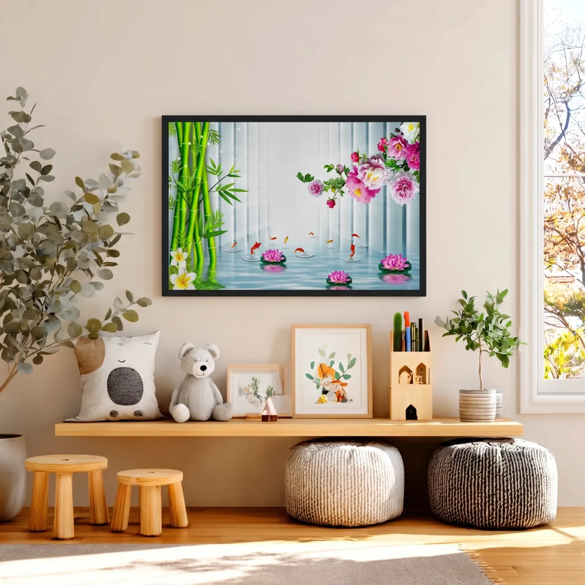 Bamboo Lotus Reverie – Koi Pond Wall Art Framed Print, Serene Japanese Garden Decor