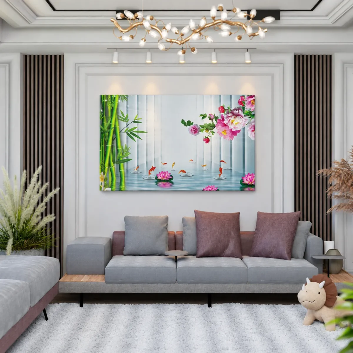 Bamboo Lotus Reverie – Koi Pond Wall Art Canvas, Japanese-Inspired Floral Decor