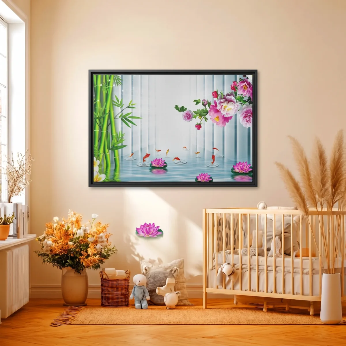 Bamboo Lotus Reverie – Koi Pond Wall Art Framed Canvas, Japanese Garden Decor