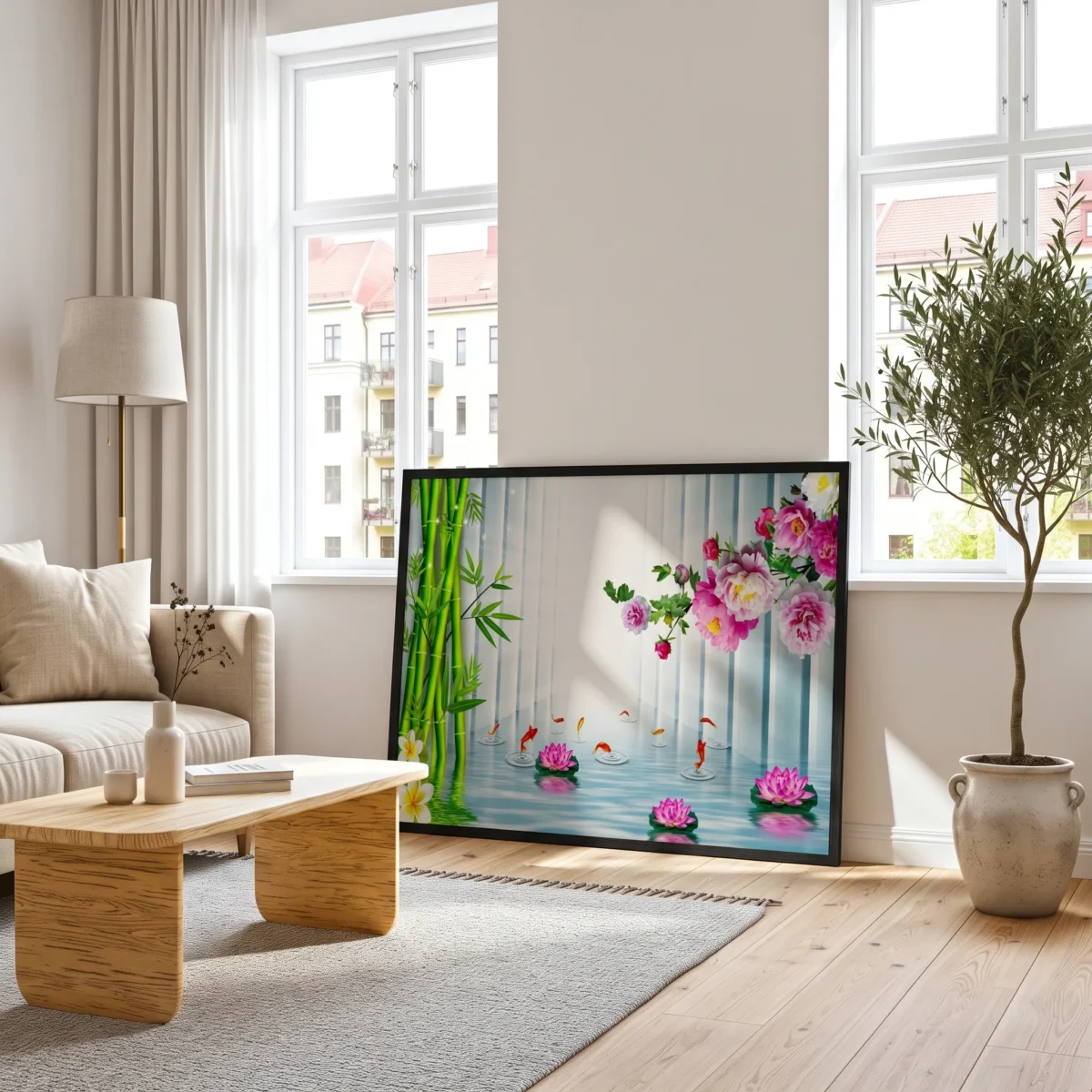 Bamboo Lotus Reverie – Koi Pond Wall Art Framed Print, Serene Japanese Garden Decor