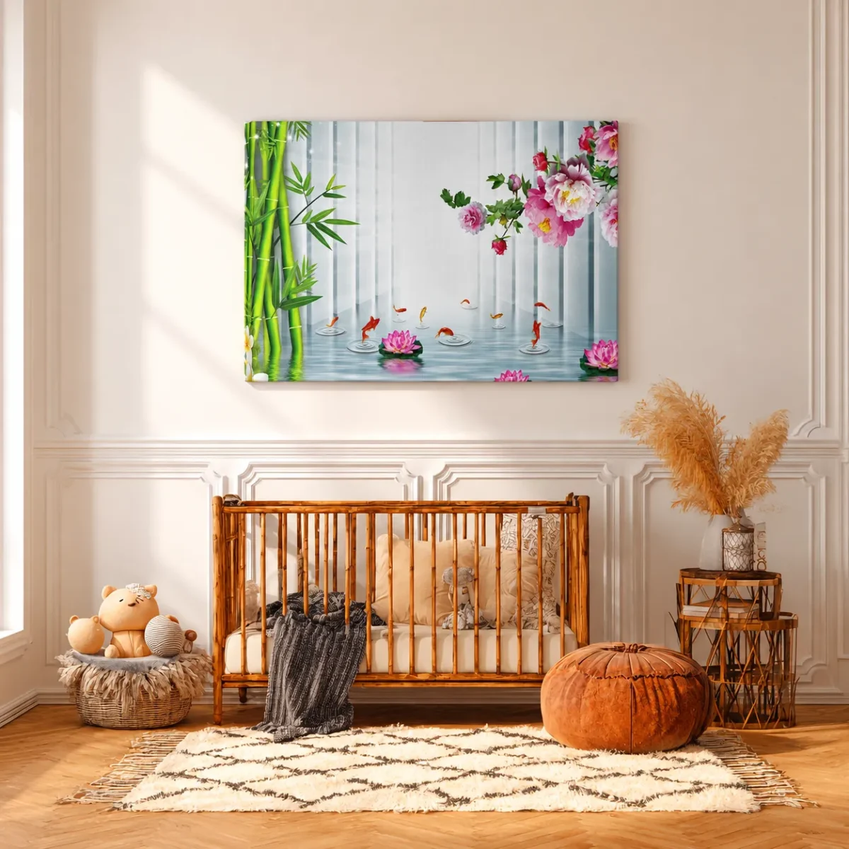 Bamboo Lotus Reverie – Koi Pond Wall Art Canvas, Japanese-Inspired Floral Decor