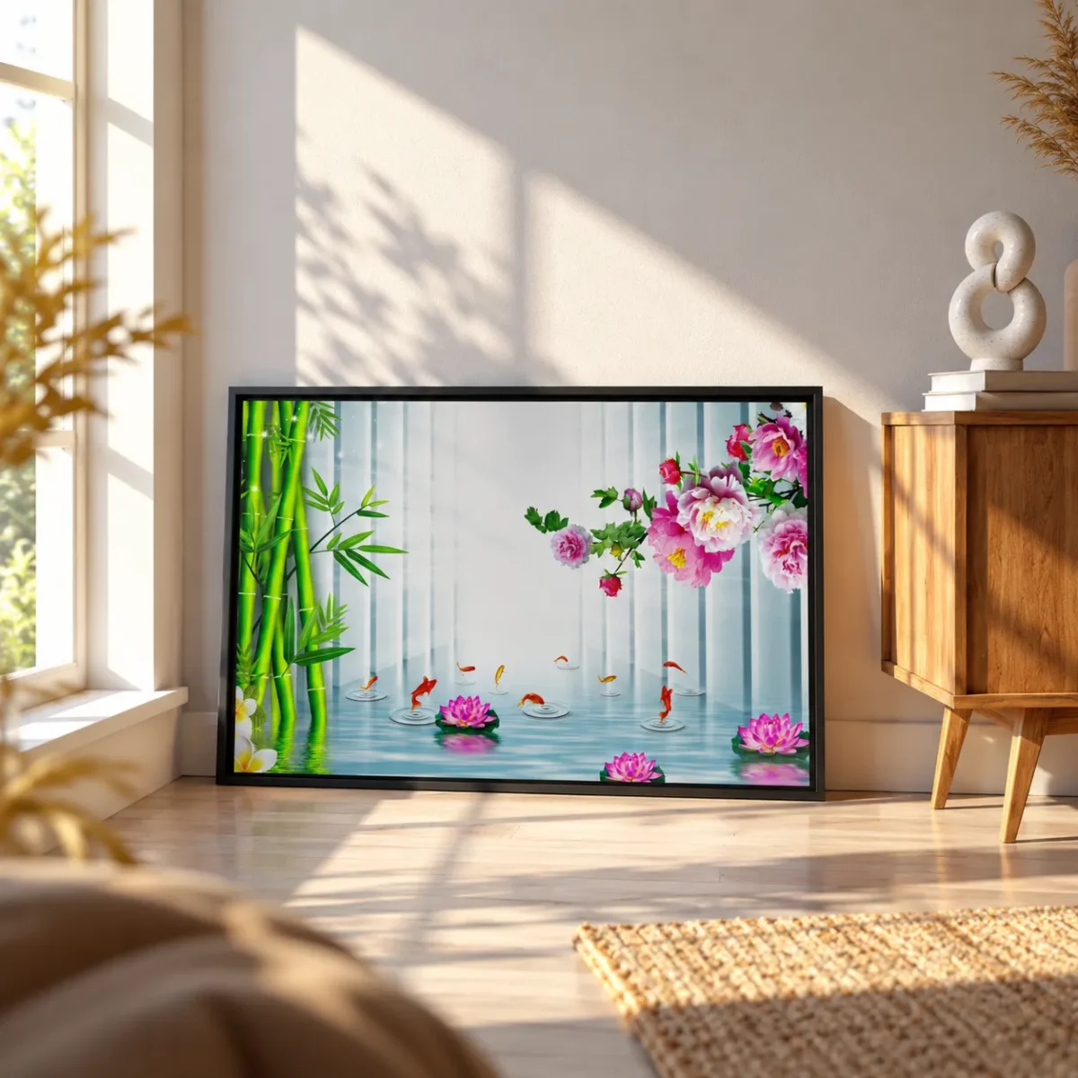 Bamboo Lotus Reverie – Koi Pond Wall Art Framed Canvas, Japanese Garden Decor