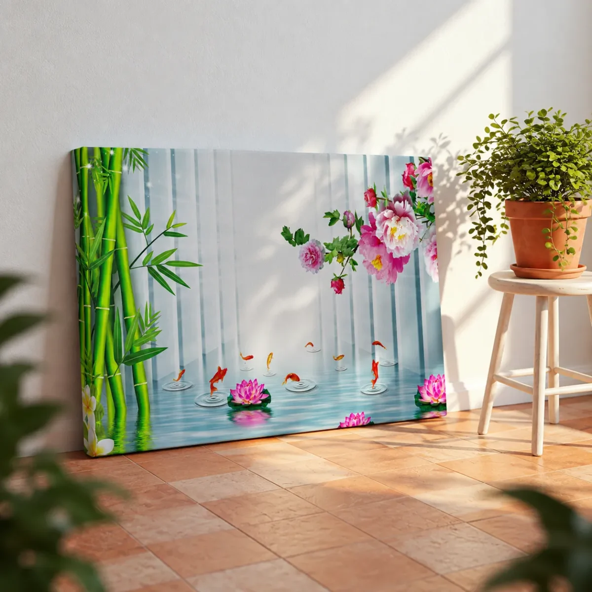 Bamboo Lotus Reverie – Koi Pond Wall Art Canvas, Japanese-Inspired Floral Decor