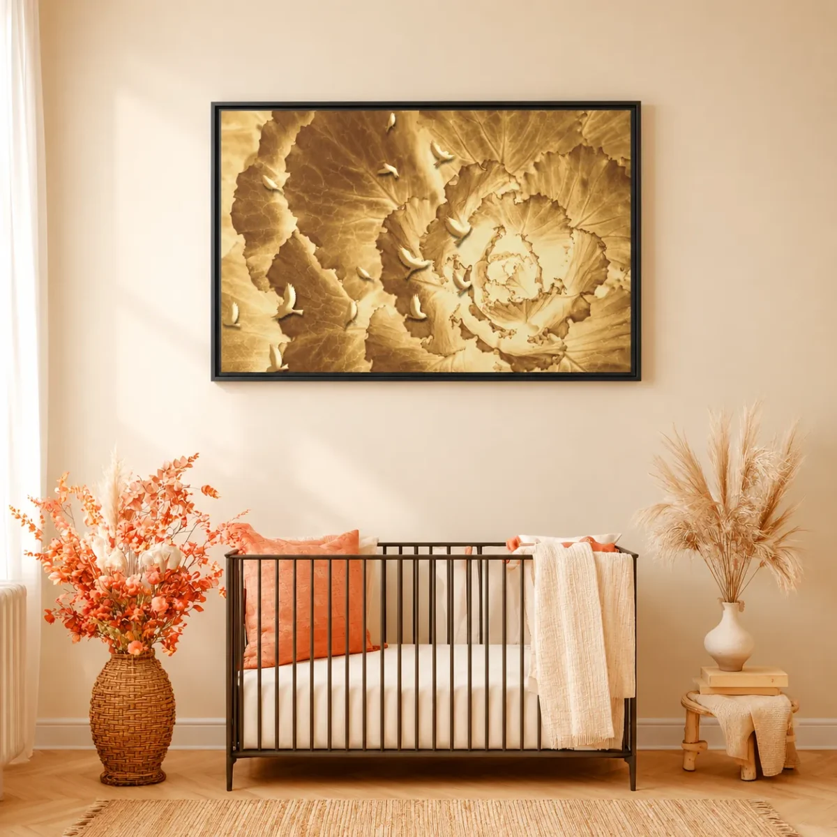 Ochre Avian Reverie – Golden Botanical Wall Art Framed Canvas, Vintage Nature Decor