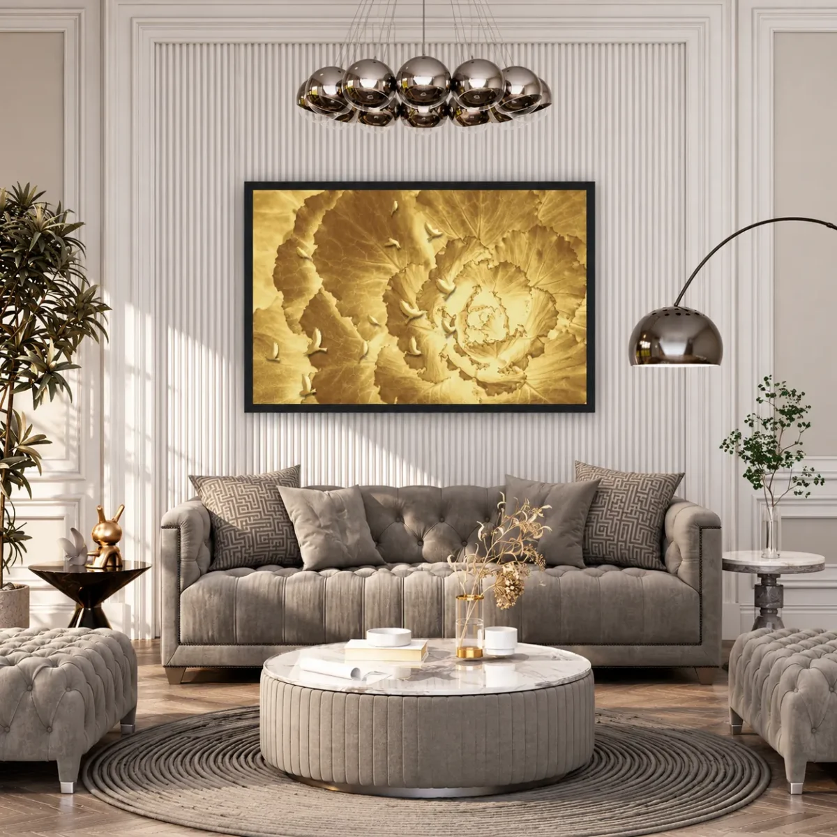 Ochre Avian Reverie – Golden Botanical Framed Art, Vintage Bird Nature Decor