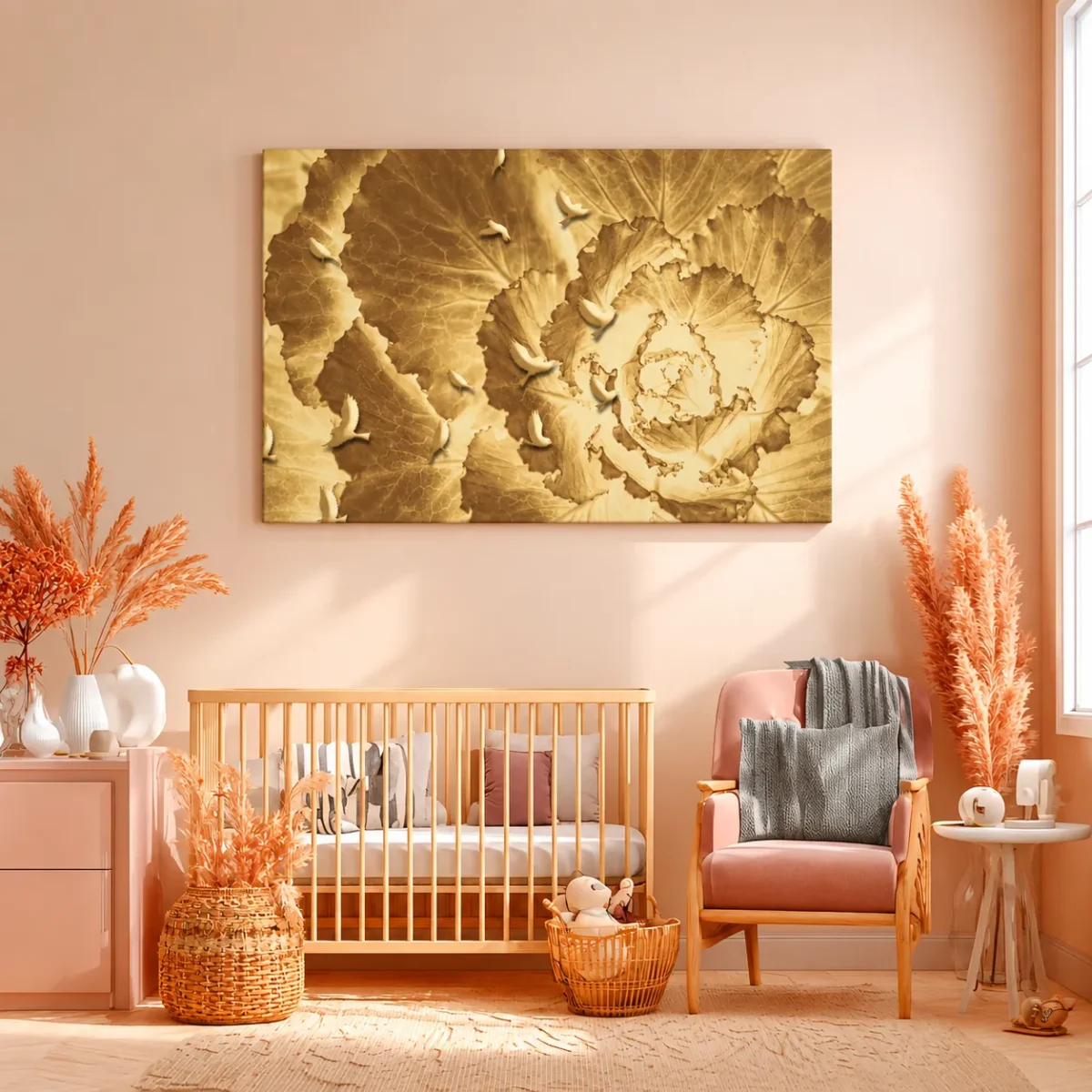 Ochre Avian Reverie – Golden Botanical Wall Art Canvas, Vintage Nature Decor