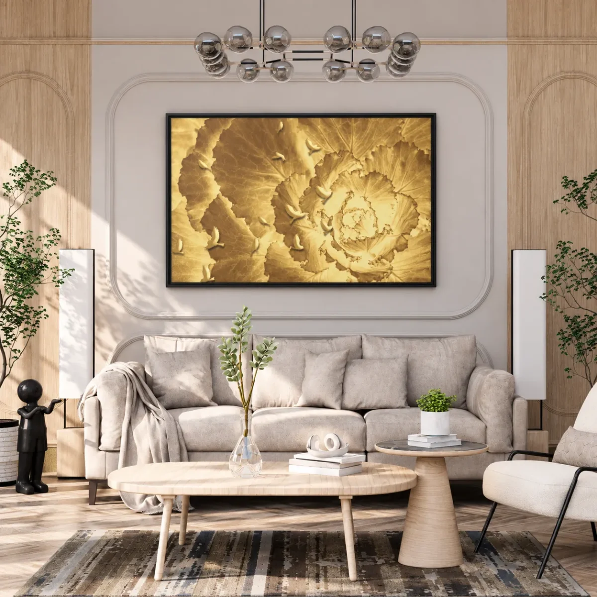 Ochre Avian Reverie – Golden Botanical Wall Art Framed Canvas, Vintage Nature Decor