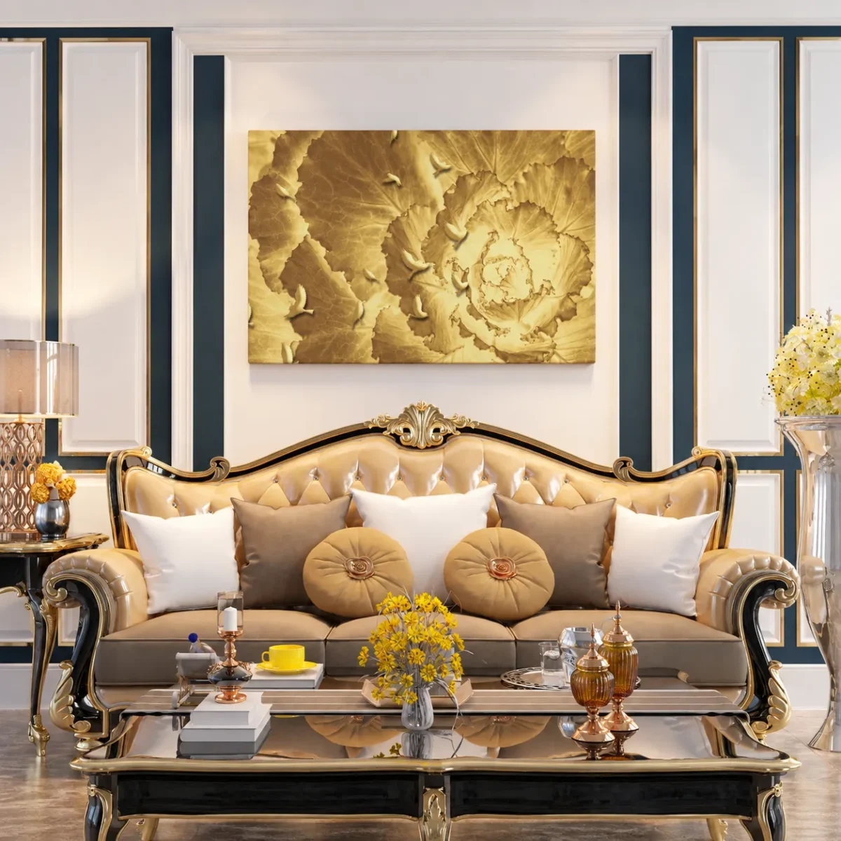 Ochre Avian Reverie – Golden Botanical Wall Art Canvas, Vintage Nature Decor