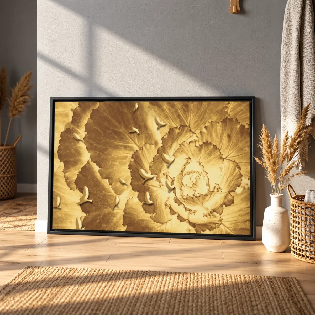 Ochre Avian Reverie – Golden Botanical Wall Art Framed Canvas, Vintage Nature Decor